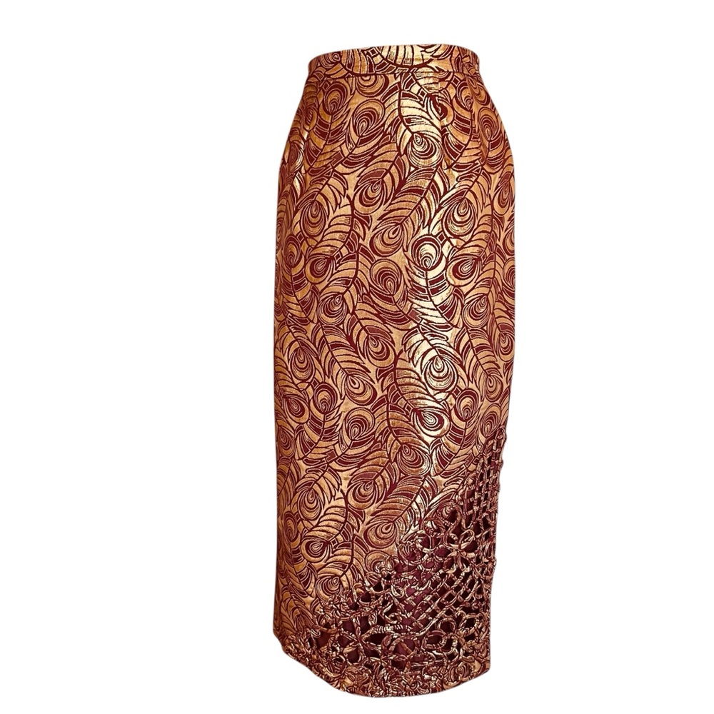 Vintage Brocade Burgundy & Gold Feather Print Midi Pencil Skirt Size Medium